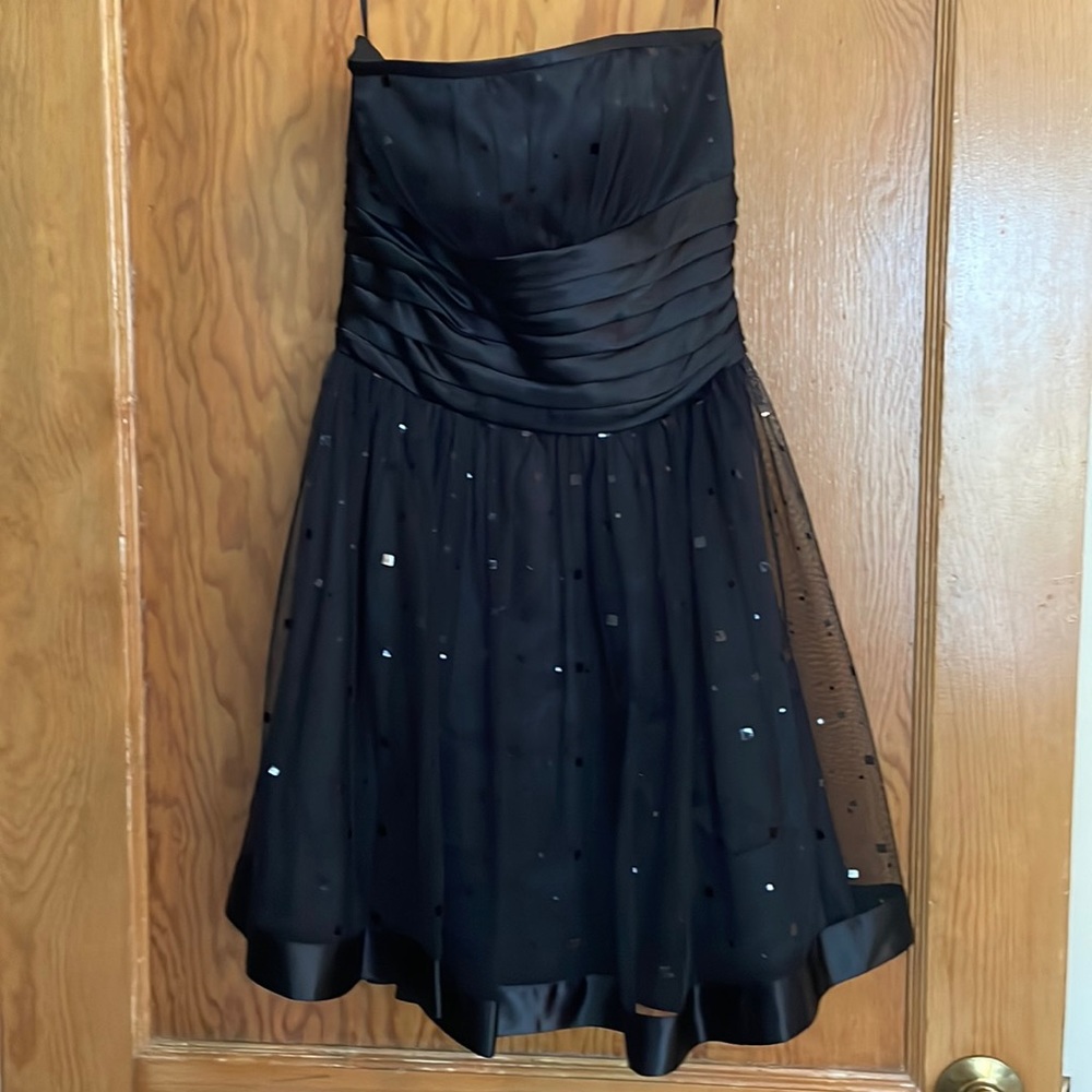 Black satin dress with sequins and tulle